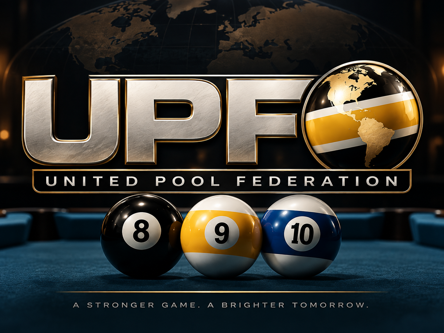 United Pool Federation logo with globe and 8, 9 and 10 billiard balls